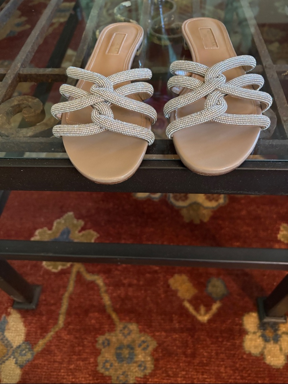 Aquazzura Tan Slide Sandals with Crystal-Embellished Straps
